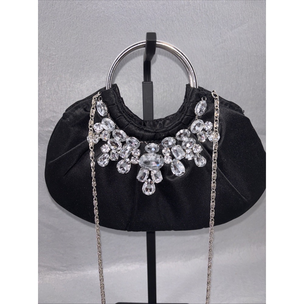 Lulu Townsend‎ Black Satin Rhinestones Evening Bag Round Chrome Handle Crossbody